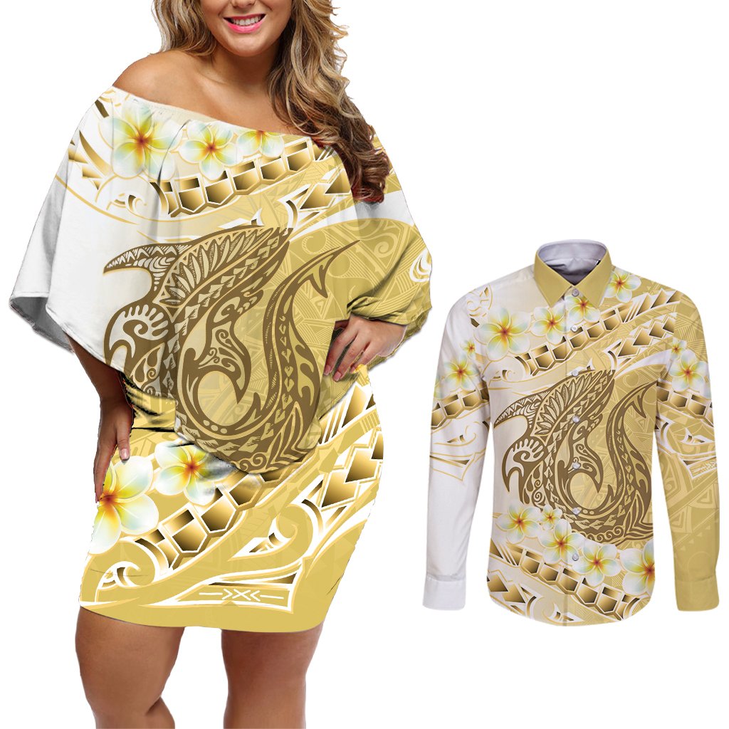 Gold Hawaii Shark Tattoo Couples Matching Off Shoulder Short Dress and Long Sleeve Button Shirt Frangipani With Polynesian Pastel Version LT14 Gold - Polynesian Pride