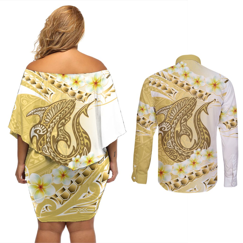 Gold Hawaii Shark Tattoo Couples Matching Off Shoulder Short Dress and Long Sleeve Button Shirt Frangipani With Polynesian Pastel Version LT14 - Polynesian Pride
