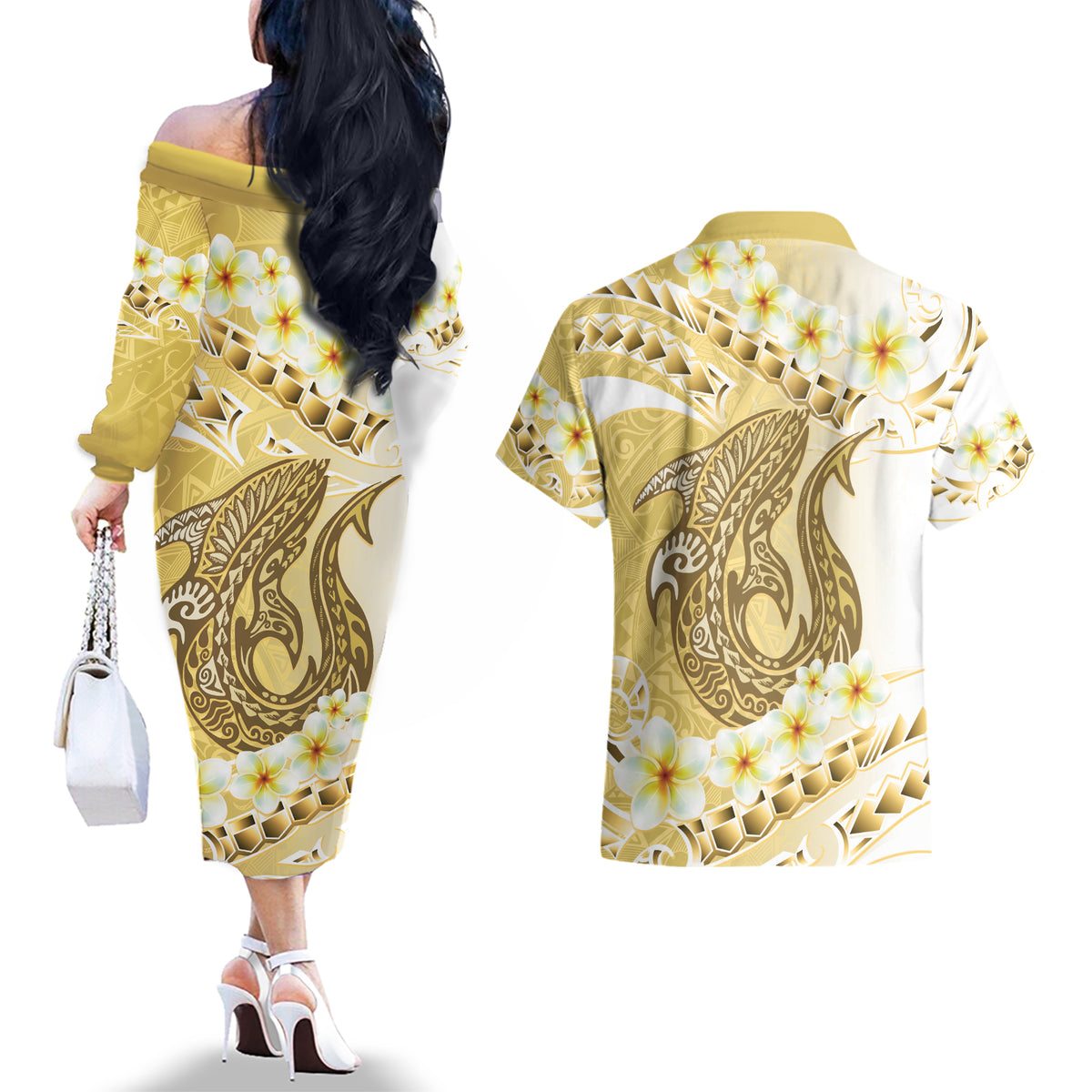 Gold Hawaii Shark Tattoo Couples Matching Off The Shoulder Long Sleeve Dress and Hawaiian Shirt Frangipani With Polynesian Pastel Version LT14 - Polynesian Pride