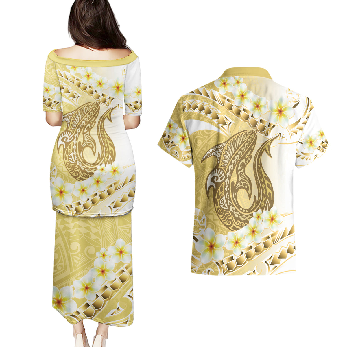 Gold Hawaii Shark Tattoo Couples Matching Puletasi and Hawaiian Shirt Frangipani With Polynesian Pastel Version LT14 - Polynesian Pride