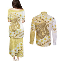 Gold Hawaii Shark Tattoo Couples Matching Puletasi and Long Sleeve Button Shirt Frangipani With Polynesian Pastel Version