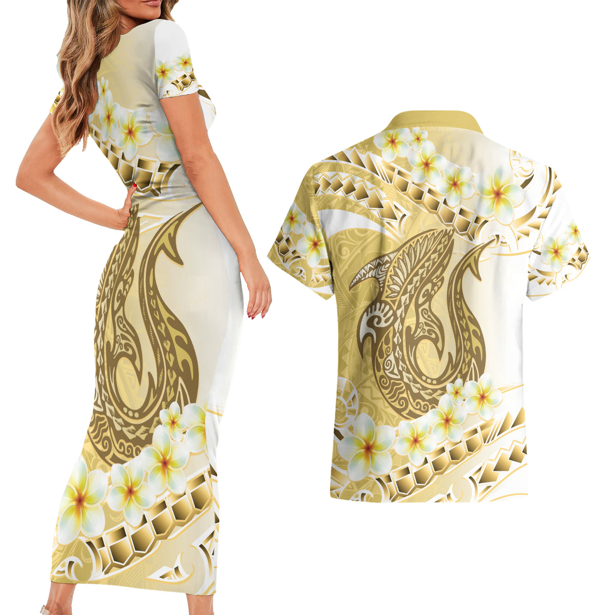 Gold Hawaii Shark Tattoo Couples Matching Short Sleeve Bodycon Dress and Hawaiian Shirt Frangipani With Polynesian Pastel Version LT14 - Polynesian Pride