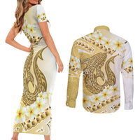 Gold Hawaii Shark Tattoo Couples Matching Short Sleeve Bodycon Dress and Long Sleeve Button Shirt Frangipani With Polynesian Pastel Version LT14 - Polynesian Pride