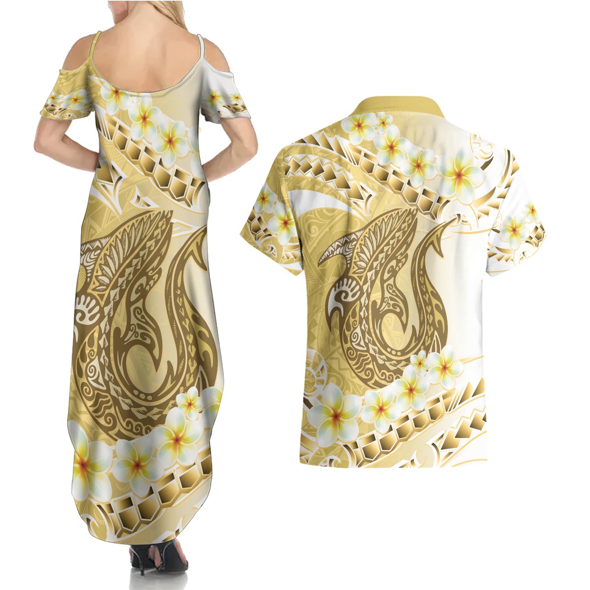 Gold Hawaii Shark Tattoo Couples Matching Summer Maxi Dress and Hawaiian Shirt Frangipani With Polynesian Pastel Version LT14 - Polynesian Pride