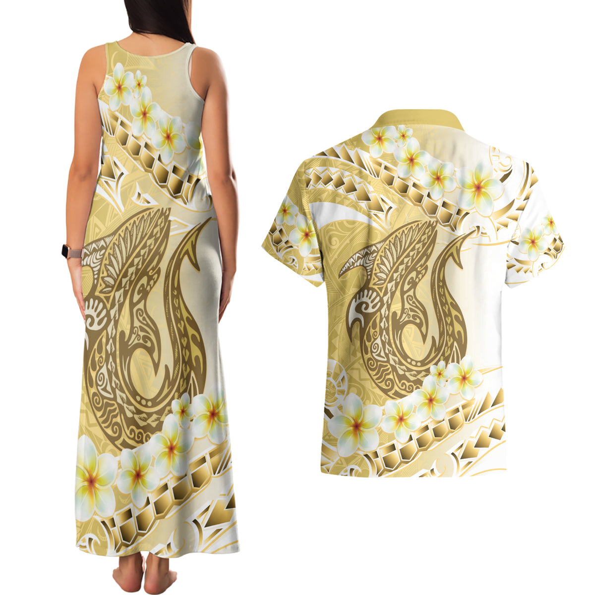 Gold Hawaii Shark Tattoo Couples Matching Tank Maxi Dress and Hawaiian Shirt Frangipani With Polynesian Pastel Version LT14 - Polynesian Pride