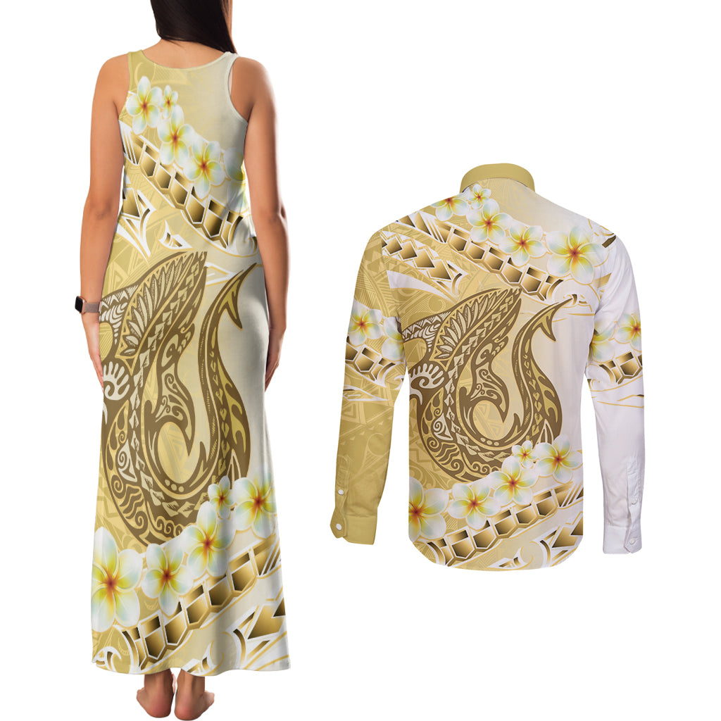 Gold Hawaii Shark Tattoo Couples Matching Tank Maxi Dress and Long Sleeve Button Shirt Frangipani With Polynesian Pastel Version LT14 - Polynesian Pride
