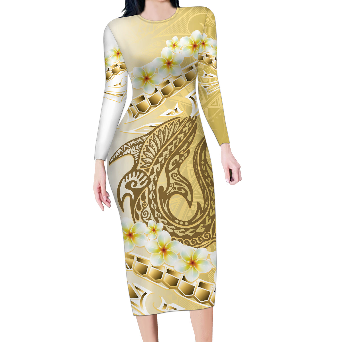 Gold Hawaii Shark Tattoo Family Matching Long Sleeve Bodycon Dress and Hawaiian Shirt Frangipani With Polynesian Pastel Version LT14 Mom's Dress Gold - Polynesian Pride