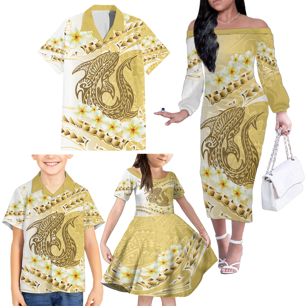 Gold Hawaii Shark Tattoo Family Matching Off The Shoulder Long Sleeve Dress and Hawaiian Shirt Frangipani With Polynesian Pastel Version LT14 - Polynesian Pride