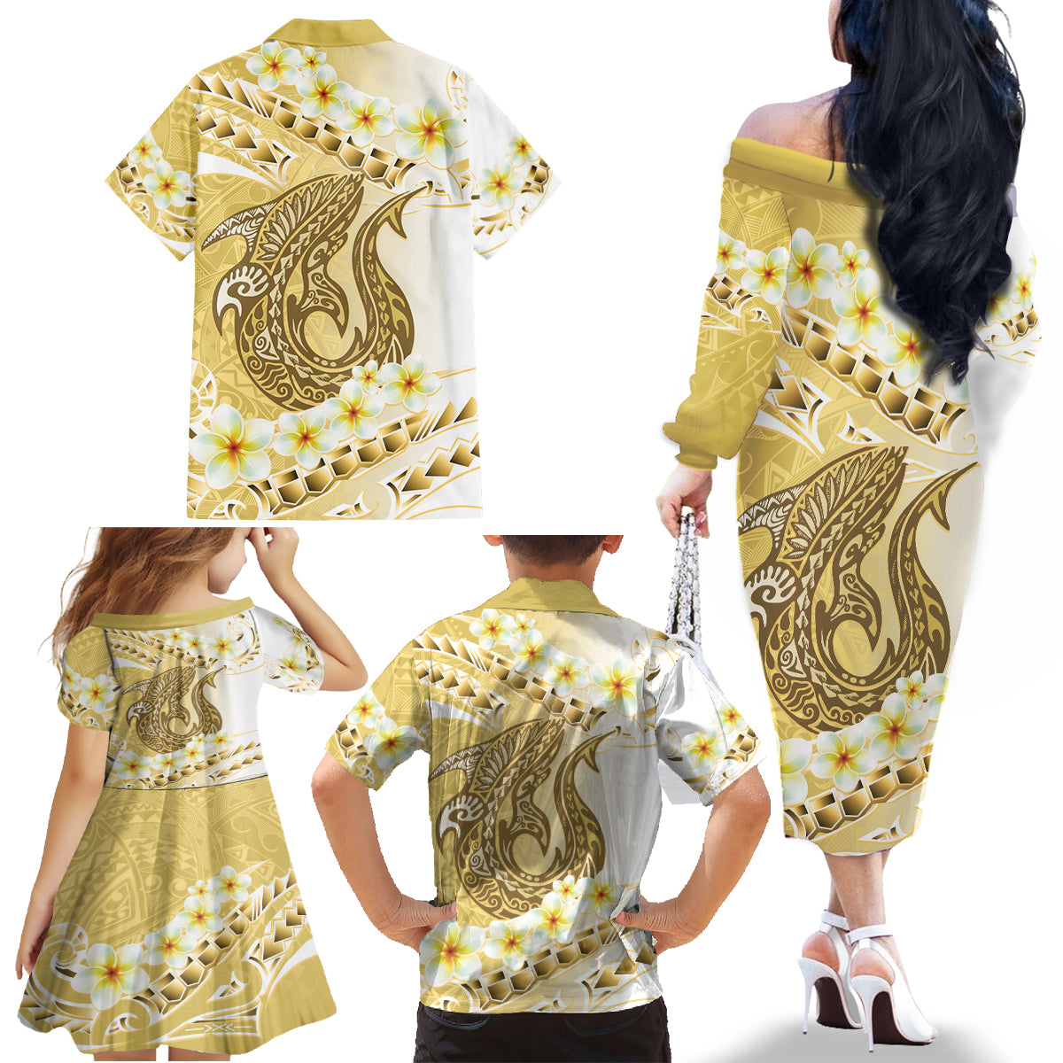 Gold Hawaii Shark Tattoo Family Matching Off The Shoulder Long Sleeve Dress and Hawaiian Shirt Frangipani With Polynesian Pastel Version LT14 - Polynesian Pride