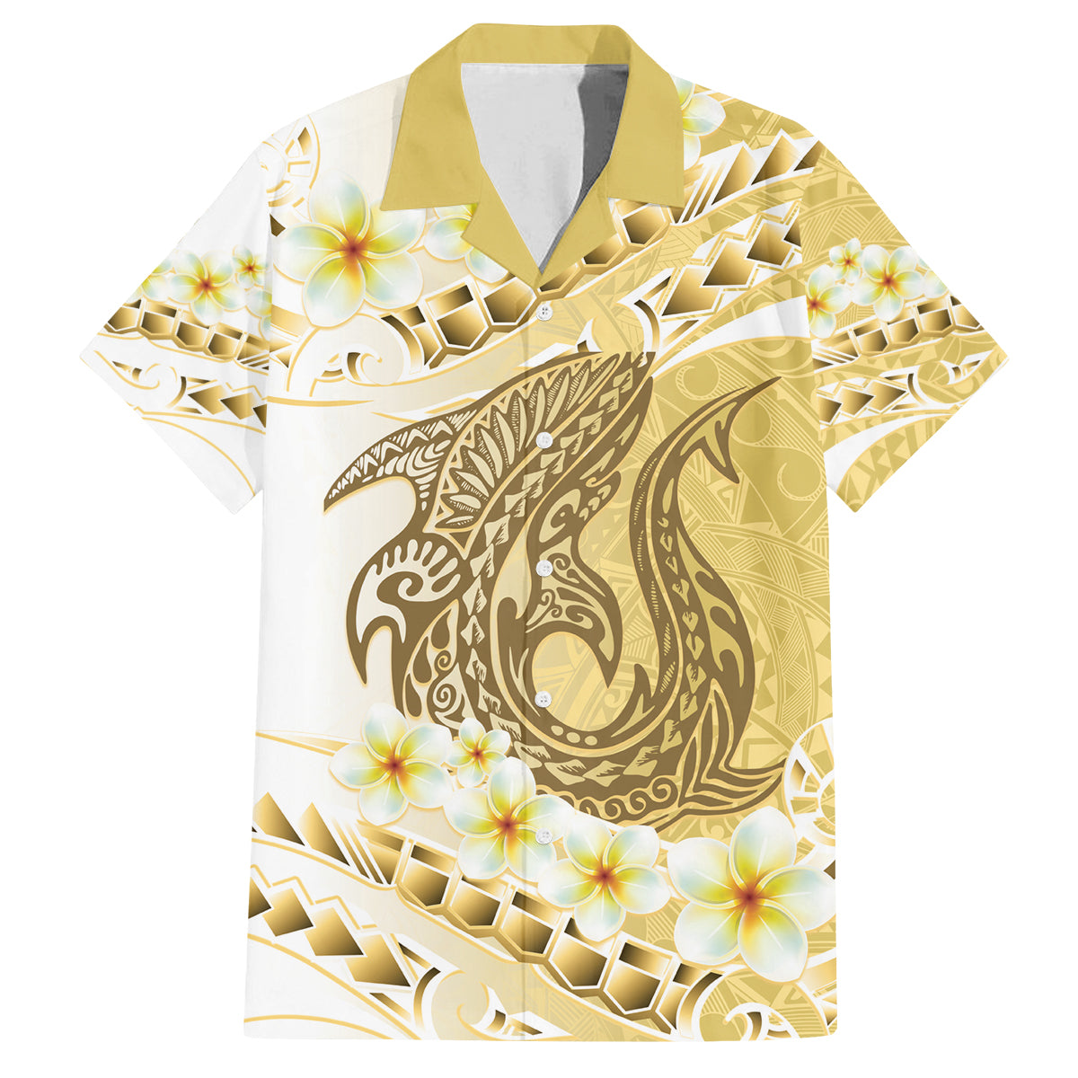 Gold Hawaii Shark Tattoo Family Matching Off The Shoulder Long Sleeve Dress and Hawaiian Shirt Frangipani With Polynesian Pastel Version LT14 Dad's Shirt - Short Sleeve Gold - Polynesian Pride