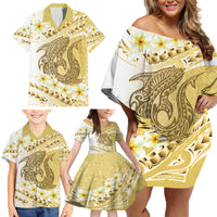 Gold Hawaii Shark Tattoo Family Matching Off Shoulder Short Dress and Hawaiian Shirt Frangipani With Polynesian Pastel Version LT14 - Polynesian Pride