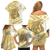 Gold Hawaii Shark Tattoo Family Matching Off Shoulder Short Dress and Hawaiian Shirt Frangipani With Polynesian Pastel Version LT14 - Polynesian Pride
