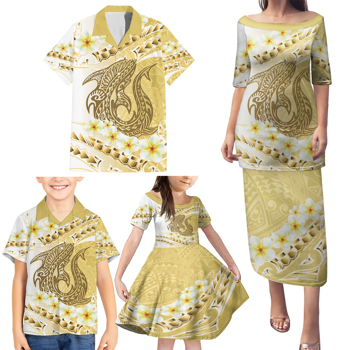 Gold Hawaii Shark Tattoo Family Matching Puletasi and Hawaiian Shirt Frangipani With Polynesian Pastel Version LT14 - Polynesian Pride