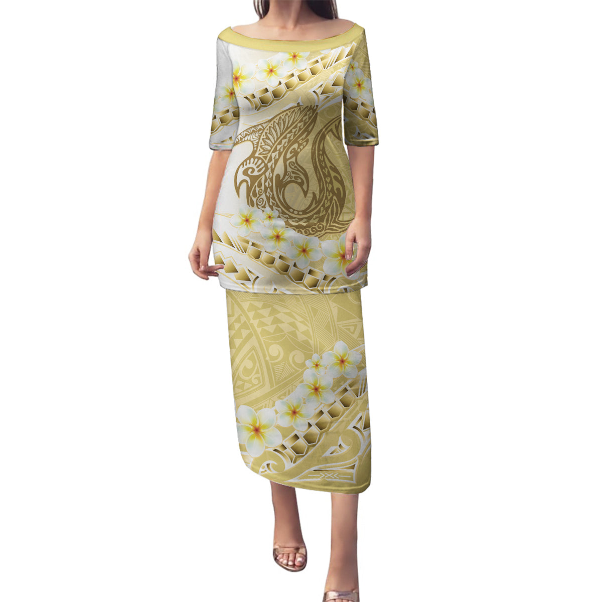Gold Hawaii Shark Tattoo Family Matching Puletasi and Hawaiian Shirt Frangipani With Polynesian Pastel Version LT14 Mom's Dress Gold - Polynesian Pride
