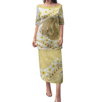 Gold Hawaii Shark Tattoo Family Matching Puletasi and Hawaiian Shirt Frangipani With Polynesian Pastel Version LT14 Mom's Dress Gold - Polynesian Pride
