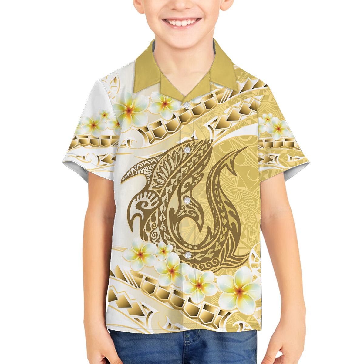 Gold Hawaii Shark Tattoo Family Matching Puletasi and Hawaiian Shirt Frangipani With Polynesian Pastel Version LT14 Son's Shirt Gold - Polynesian Pride