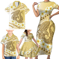 Gold Hawaii Shark Tattoo Family Matching Short Sleeve Bodycon Dress and Hawaiian Shirt Frangipani With Polynesian Pastel Version LT14 - Polynesian Pride