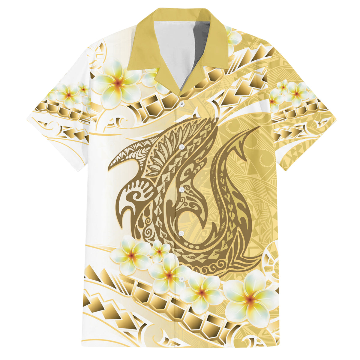 Gold Hawaii Shark Tattoo Family Matching Short Sleeve Bodycon Dress and Hawaiian Shirt Frangipani With Polynesian Pastel Version LT14 Dad's Shirt - Short Sleeve Gold - Polynesian Pride