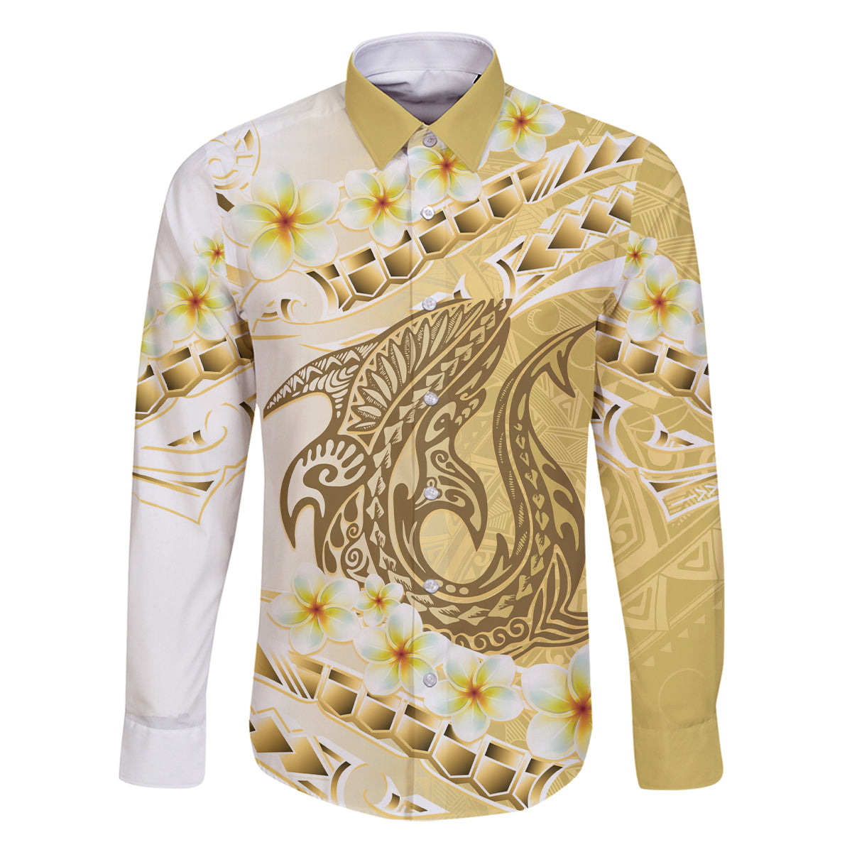 Gold Hawaii Shark Tattoo Family Matching Summer Maxi Dress and Hawaiian Shirt Frangipani With Polynesian Pastel Version LT14 Dad's Shirt - Long Sleeve Gold - Polynesian Pride