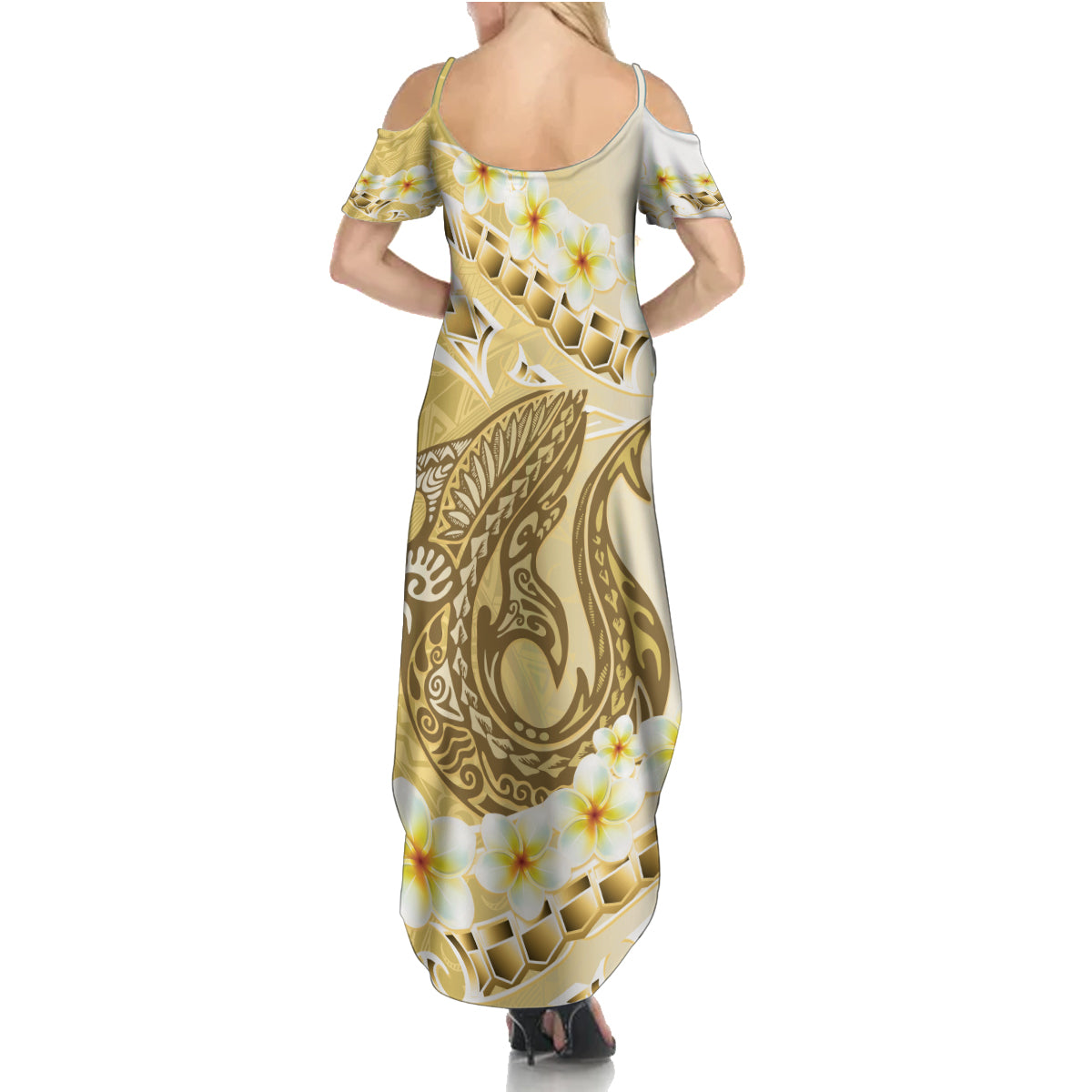 Gold Hawaii Shark Tattoo Family Matching Summer Maxi Dress and Hawaiian Shirt Frangipani With Polynesian Pastel Version LT14 - Polynesian Pride