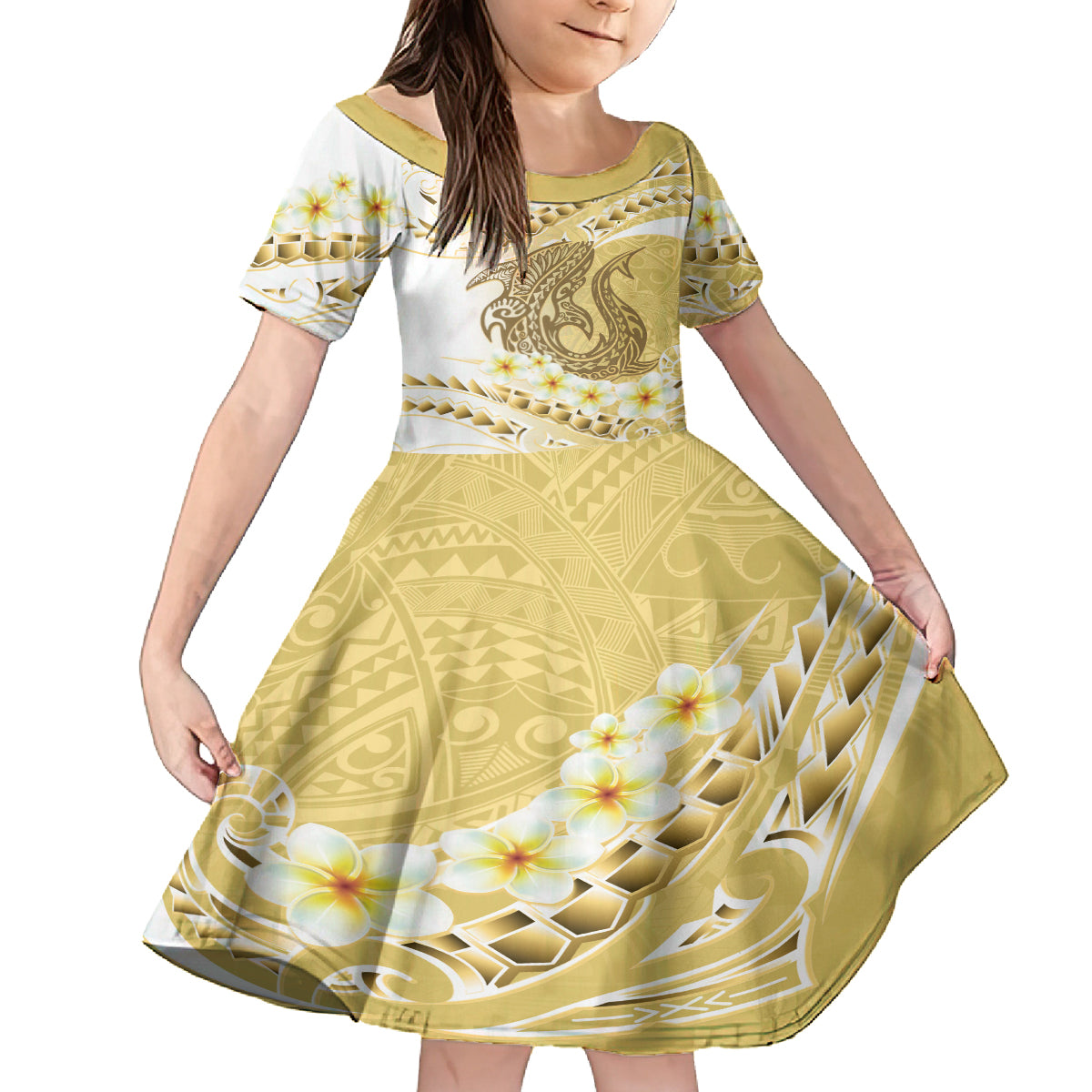Gold Hawaii Shark Tattoo Family Matching Tank Maxi Dress and Hawaiian Shirt Frangipani With Polynesian Pastel Version LT14 Daughter's Dress Gold - Polynesian Pride