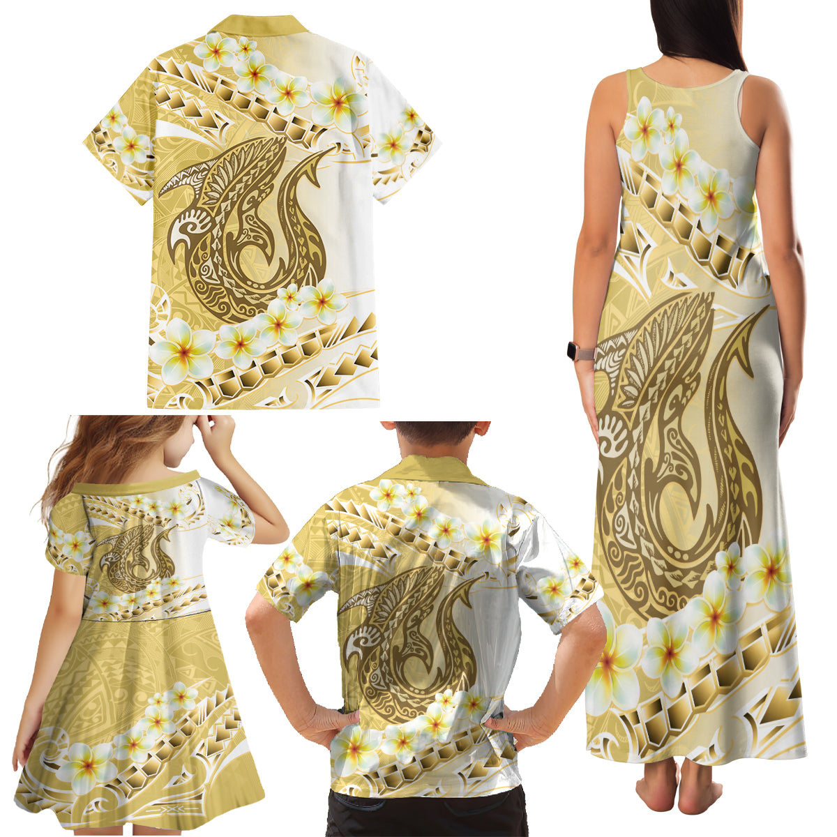 Gold Hawaii Shark Tattoo Family Matching Tank Maxi Dress and Hawaiian Shirt Frangipani With Polynesian Pastel Version LT14 - Polynesian Pride