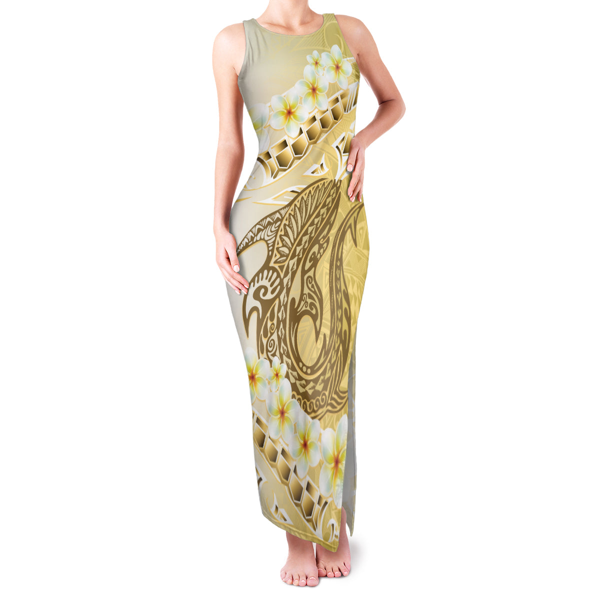 Gold Hawaii Shark Tattoo Family Matching Tank Maxi Dress and Hawaiian Shirt Frangipani With Polynesian Pastel Version LT14 Mom's Dress Gold - Polynesian Pride