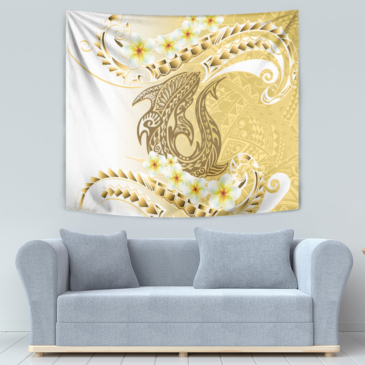 Gold Hawaii Shark Tattoo Tapestry Frangipani With Polynesian Pastel Version