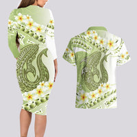 Green Hawaii Shark Tattoo Couples Matching Long Sleeve Bodycon Dress and Hawaiian Shirt Frangipani With Polynesian Pastel Version LT14 - Polynesian Pride