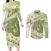 Green Hawaii Shark Tattoo Couples Matching Long Sleeve Bodycon Dress and Long Sleeve Button Shirt Frangipani With Polynesian Pastel Version LT14 Green - Polynesian Pride