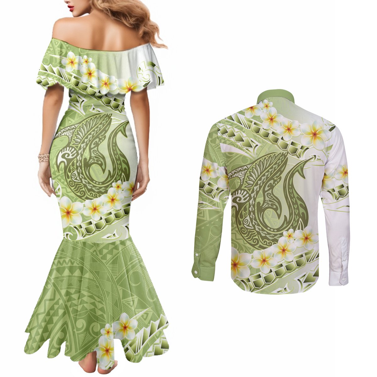 Green Hawaii Shark Tattoo Couples Matching Mermaid Dress and Long Sleeve Button Shirt Frangipani With Polynesian Pastel Version LT14 - Polynesian Pride