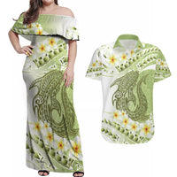 Green Hawaii Shark Tattoo Couples Matching Off Shoulder Maxi Dress and Hawaiian Shirt Frangipani With Polynesian Pastel Version LT14 Green - Polynesian Pride