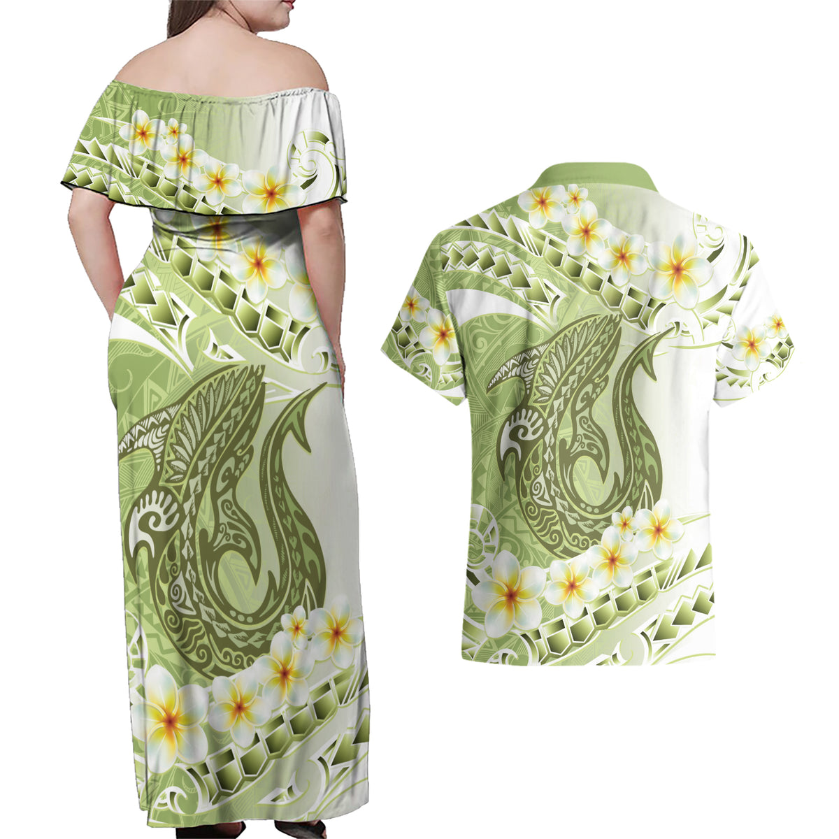 Green Hawaii Shark Tattoo Couples Matching Off Shoulder Maxi Dress and Hawaiian Shirt Frangipani With Polynesian Pastel Version LT14 - Polynesian Pride