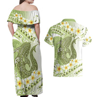 Green Hawaii Shark Tattoo Couples Matching Off Shoulder Maxi Dress and Hawaiian Shirt Frangipani With Polynesian Pastel Version LT14 - Polynesian Pride