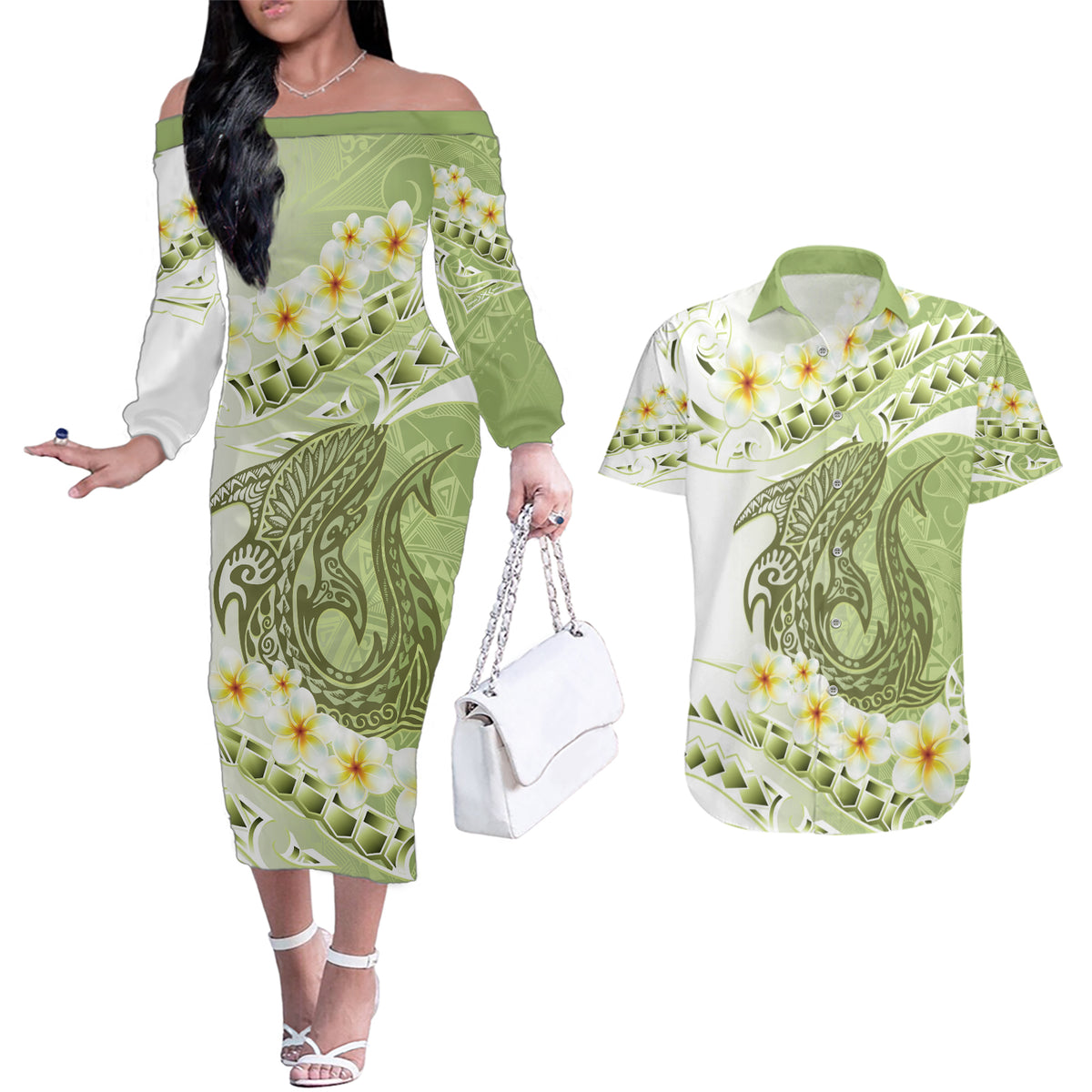 Green Hawaii Shark Tattoo Couples Matching Off The Shoulder Long Sleeve Dress and Hawaiian Shirt Frangipani With Polynesian Pastel Version LT14 Green - Polynesian Pride