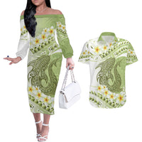 Green Hawaii Shark Tattoo Couples Matching Off The Shoulder Long Sleeve Dress and Hawaiian Shirt Frangipani With Polynesian Pastel Version LT14 Green - Polynesian Pride