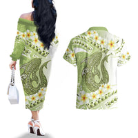 Green Hawaii Shark Tattoo Couples Matching Off The Shoulder Long Sleeve Dress and Hawaiian Shirt Frangipani With Polynesian Pastel Version LT14 - Polynesian Pride