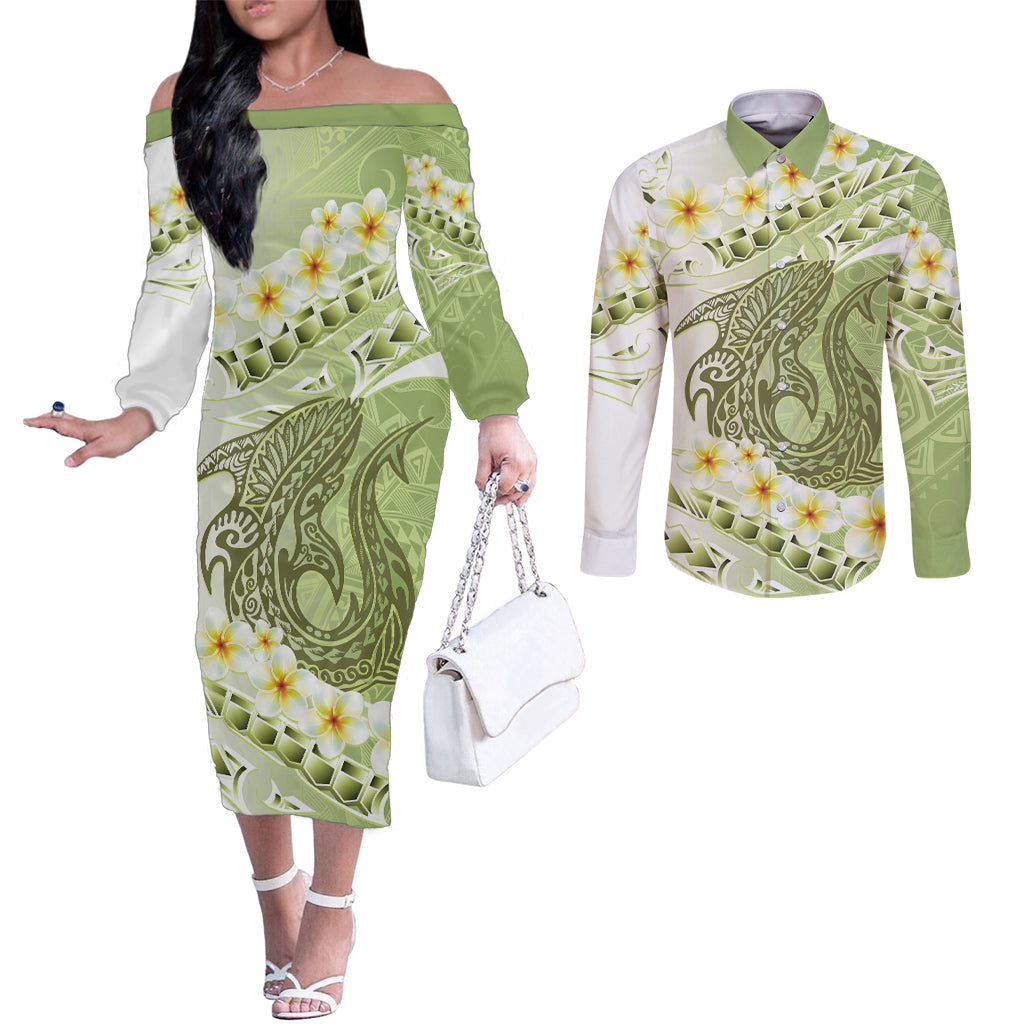 Green Hawaii Shark Tattoo Couples Matching Off The Shoulder Long Sleeve Dress and Long Sleeve Button Shirt Frangipani With Polynesian Pastel Version LT14 Green - Polynesian Pride