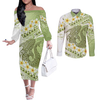 Green Hawaii Shark Tattoo Couples Matching Off The Shoulder Long Sleeve Dress and Long Sleeve Button Shirt Frangipani With Polynesian Pastel Version LT14 Green - Polynesian Pride