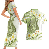 Green Hawaii Shark Tattoo Couples Matching Short Sleeve Bodycon Dress and Hawaiian Shirt Frangipani With Polynesian Pastel Version LT14 - Polynesian Pride