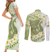 Green Hawaii Shark Tattoo Couples Matching Short Sleeve Bodycon Dress and Long Sleeve Button Shirt Frangipani With Polynesian Pastel Version LT14 - Polynesian Pride