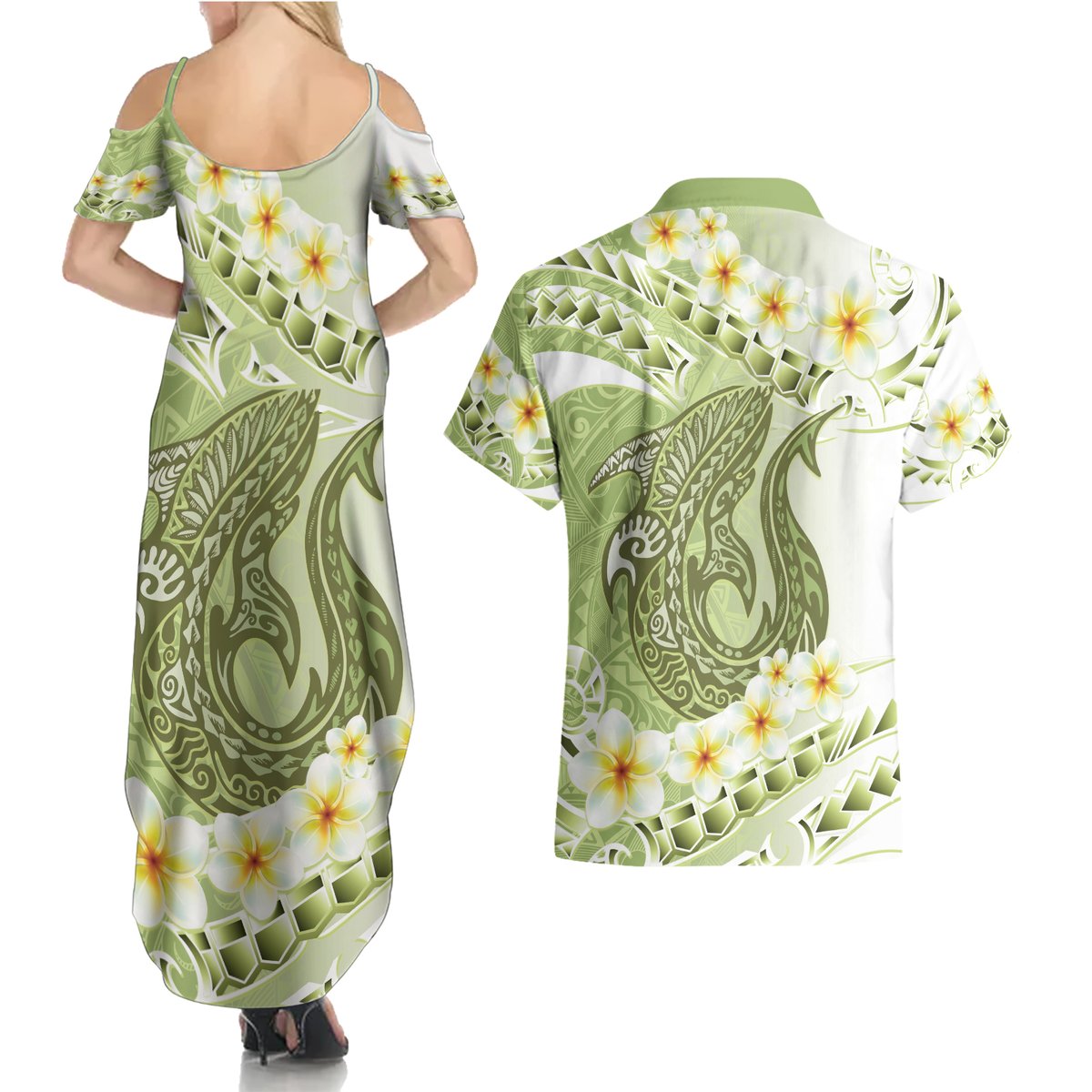 Green Hawaii Shark Tattoo Couples Matching Summer Maxi Dress and Hawaiian Shirt Frangipani With Polynesian Pastel Version LT14 - Polynesian Pride