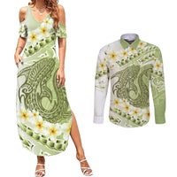 Green Hawaii Shark Tattoo Couples Matching Summer Maxi Dress and Long Sleeve Button Shirt Frangipani With Polynesian Pastel Version
