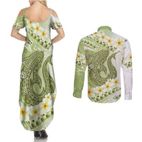 Green Hawaii Shark Tattoo Couples Matching Summer Maxi Dress and Long Sleeve Button Shirt Frangipani With Polynesian Pastel Version