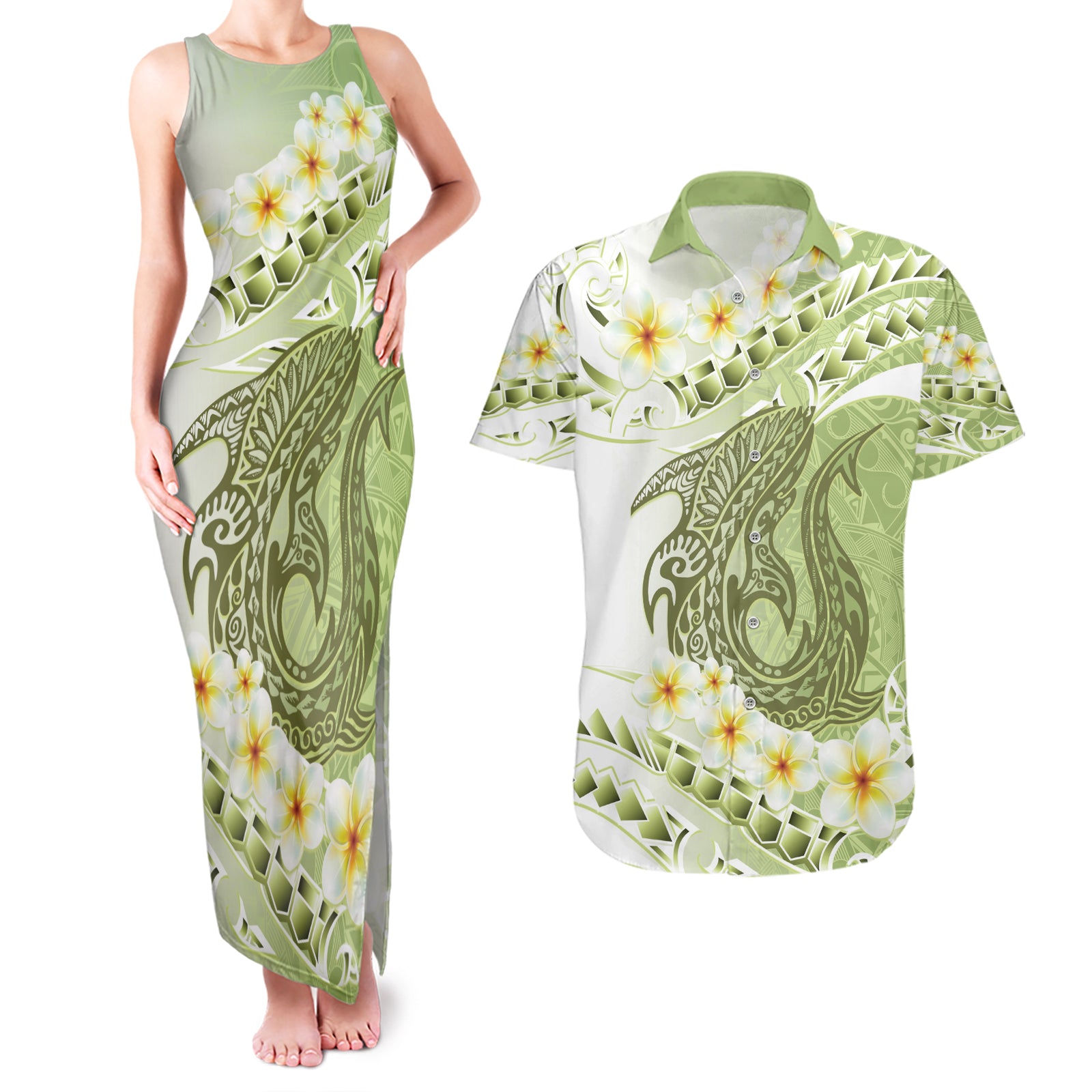 Green Hawaii Shark Tattoo Couples Matching Tank Maxi Dress and Hawaiian Shirt Frangipani With Polynesian Pastel Version