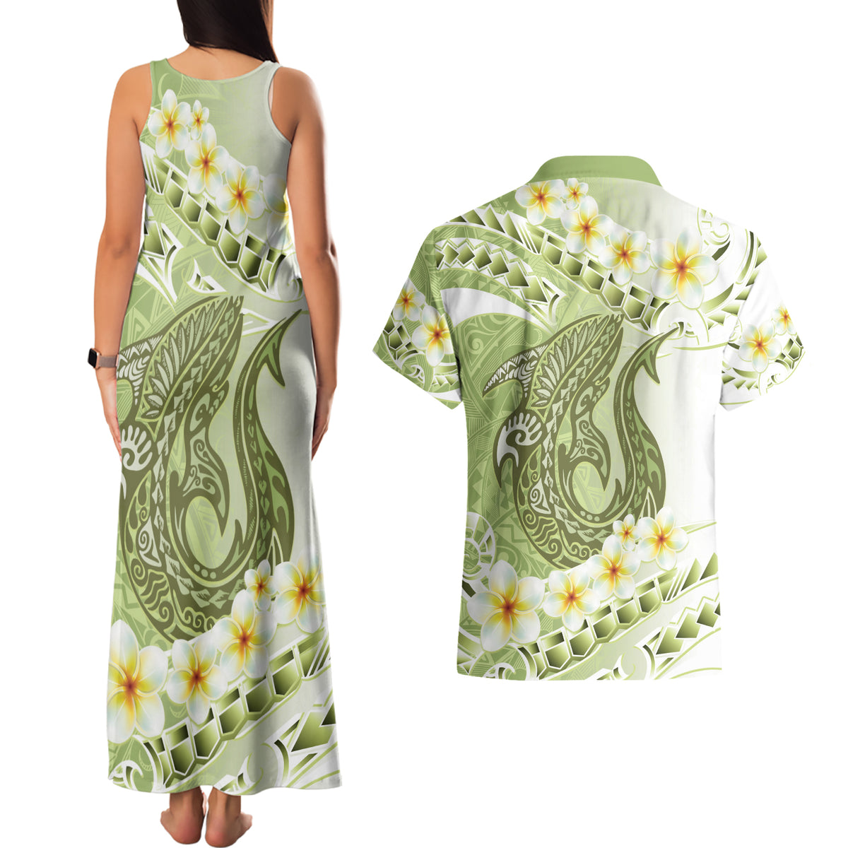 Green Hawaii Shark Tattoo Couples Matching Tank Maxi Dress and Hawaiian Shirt Frangipani With Polynesian Pastel Version LT14 - Polynesian Pride