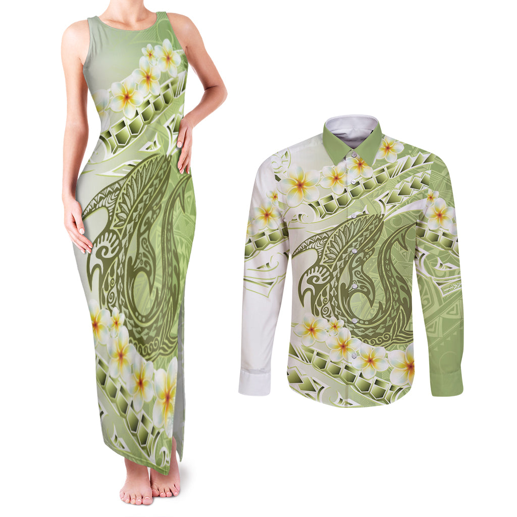 Green Hawaii Shark Tattoo Couples Matching Tank Maxi Dress and Long Sleeve Button Shirt Frangipani With Polynesian Pastel Version LT14 Green - Polynesian Pride