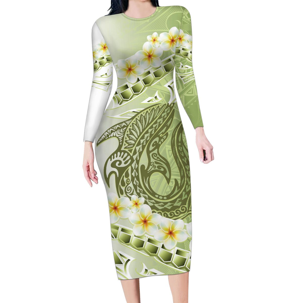 Green Hawaii Shark Tattoo Family Matching Long Sleeve Bodycon Dress and Hawaiian Shirt Frangipani With Polynesian Pastel Version LT14 Mom's Dress Green - Polynesian Pride