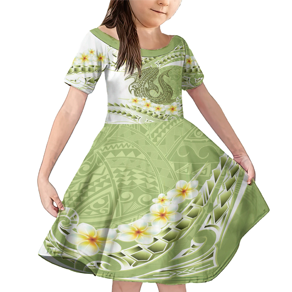 Green Hawaii Shark Tattoo Family Matching Mermaid Dress and Hawaiian Shirt Frangipani With Polynesian Pastel Version LT14 Daughter's Dress Green - Polynesian Pride