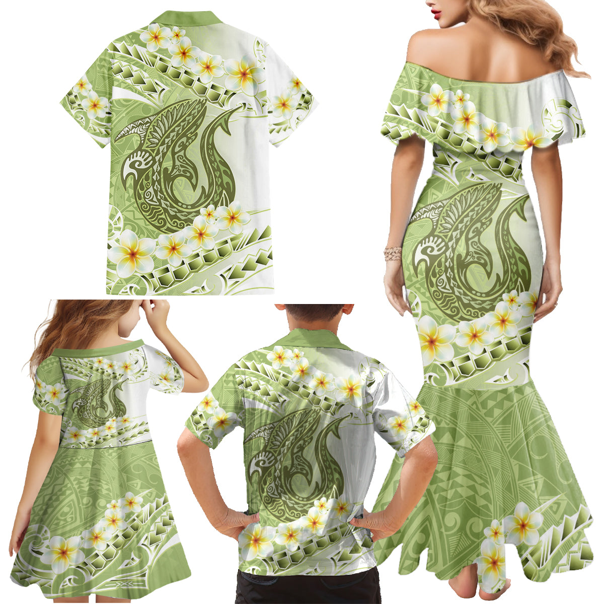 Green Hawaii Shark Tattoo Family Matching Mermaid Dress and Hawaiian Shirt Frangipani With Polynesian Pastel Version LT14 - Polynesian Pride